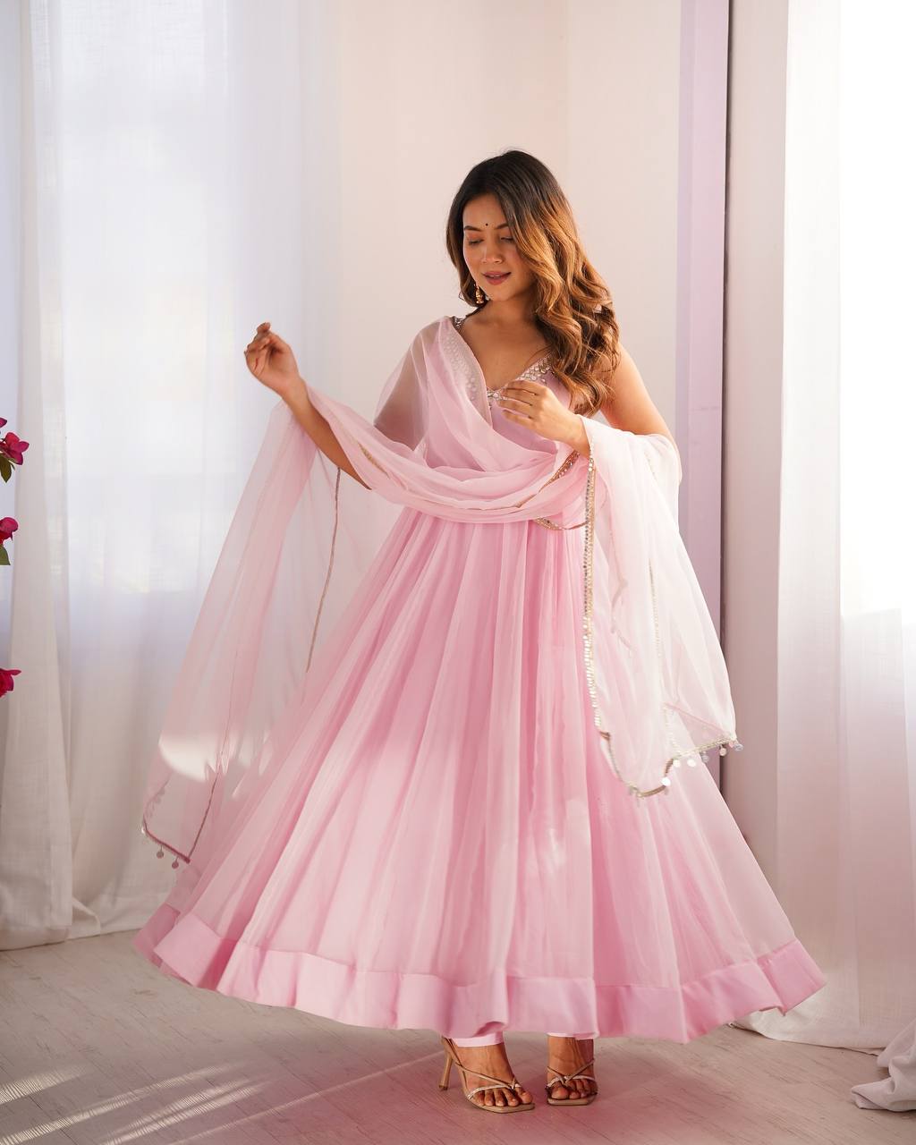 Baby Pink Color Georgette Three Piece Anarkali Suit by My Store