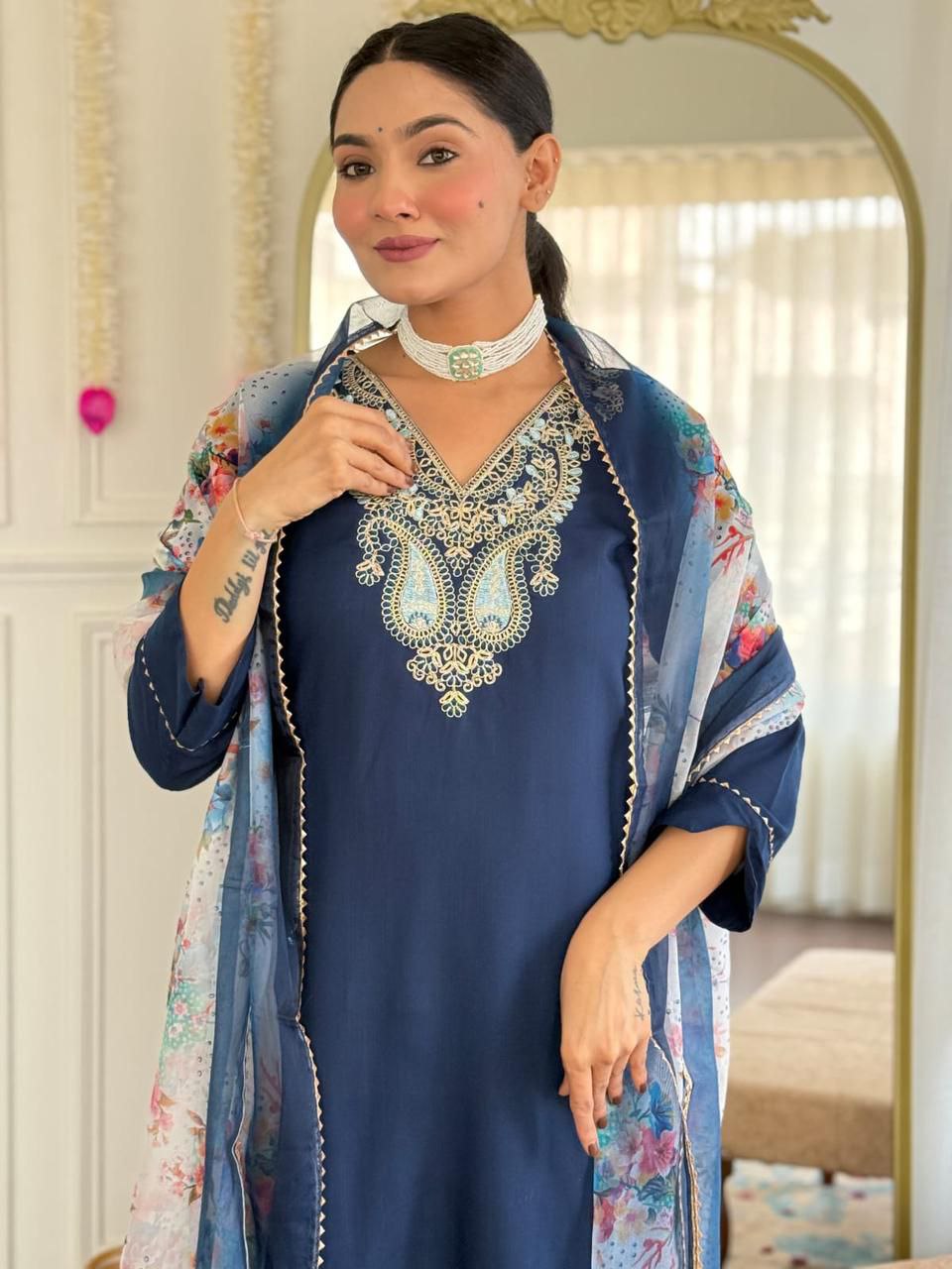 Navy Bloom Embroidered Kurta set