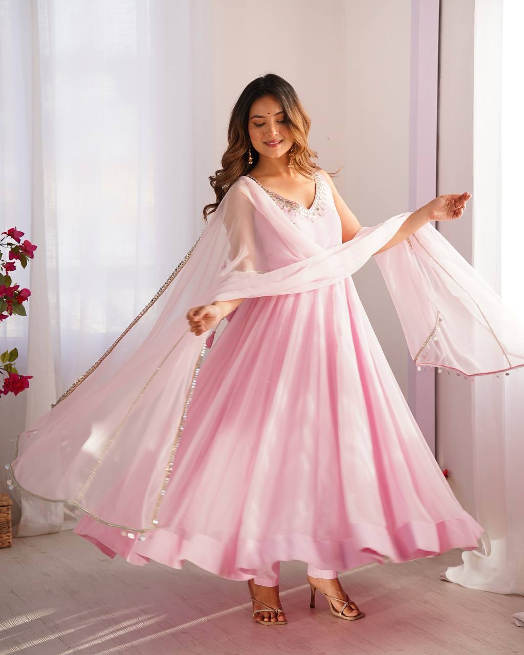 Baby Pink Color Georgette Three Piece Anarkali Suit by My Store