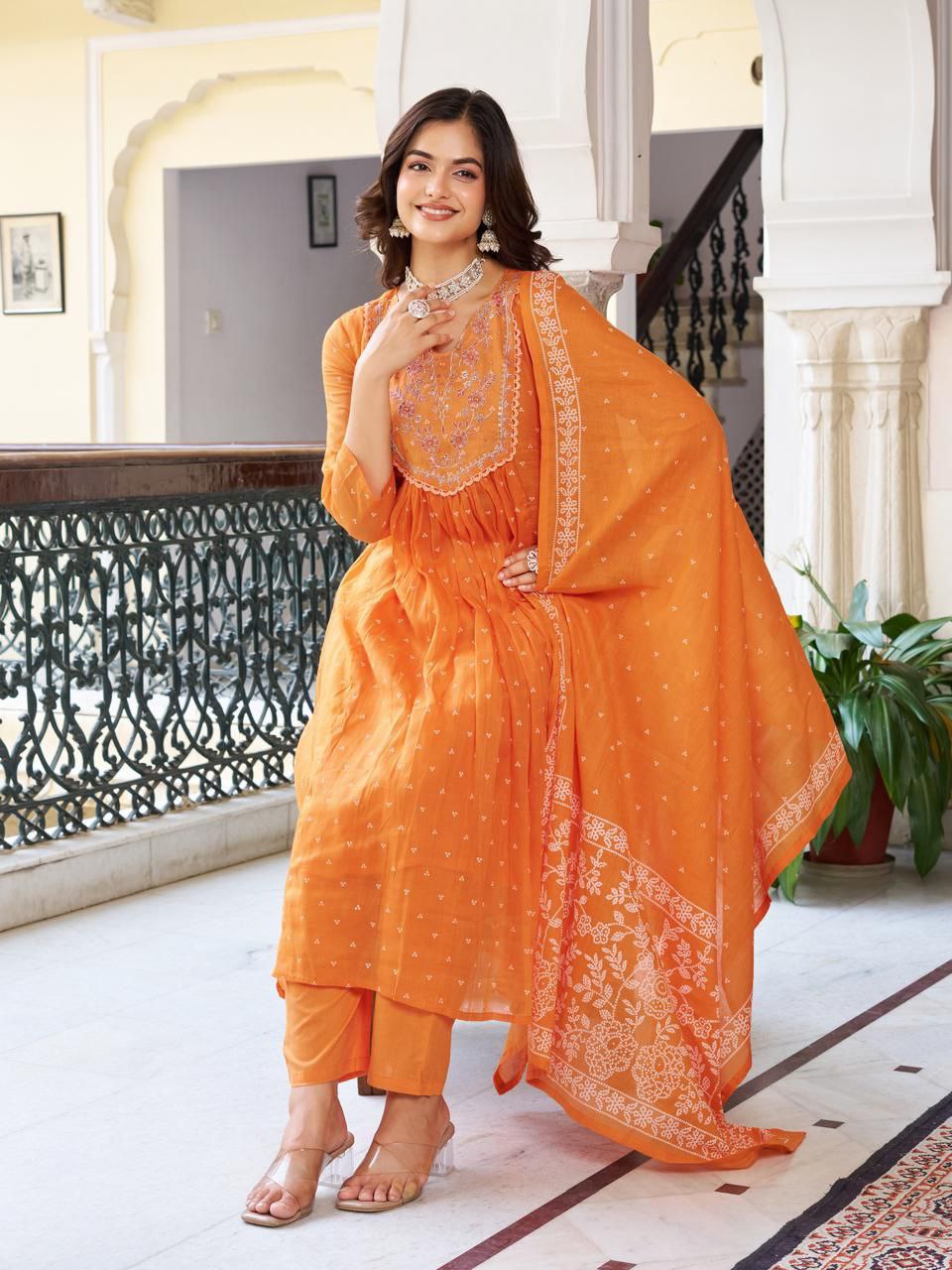 Festival Wear Orange Anarkali kurta set for Women