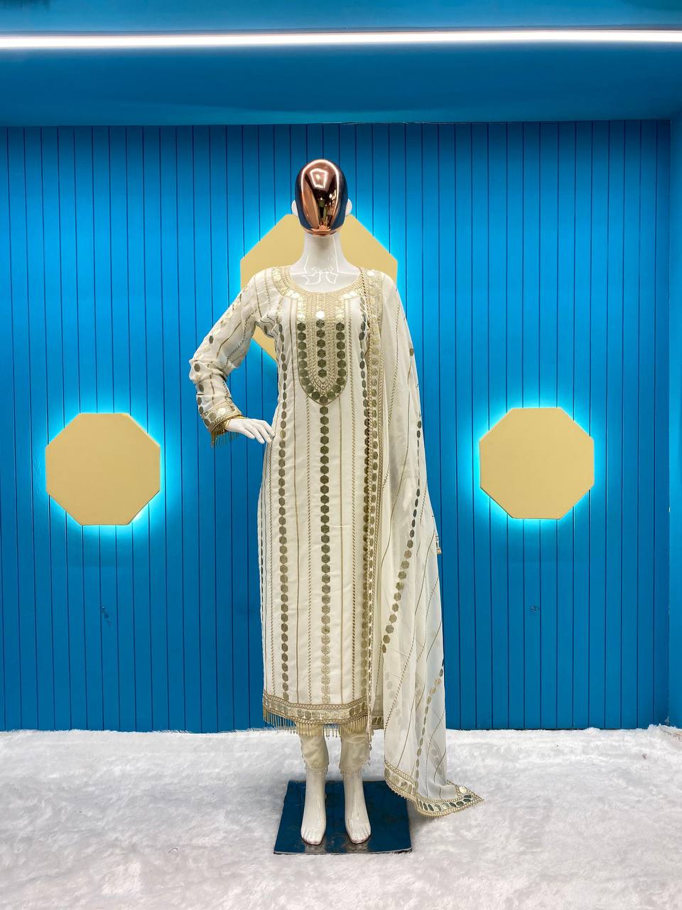 White Party Wear Georgette Kurta Set