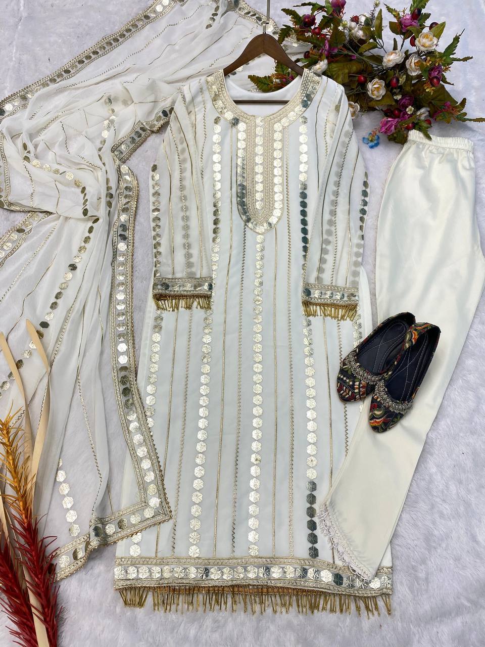 White Party Wear Georgette Kurta Set