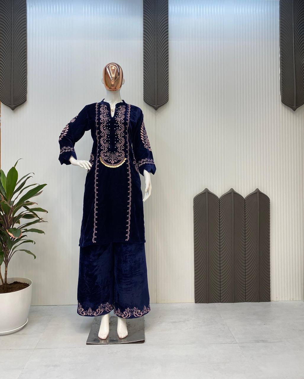 Festival Wear Velvet Blue Kurta Set