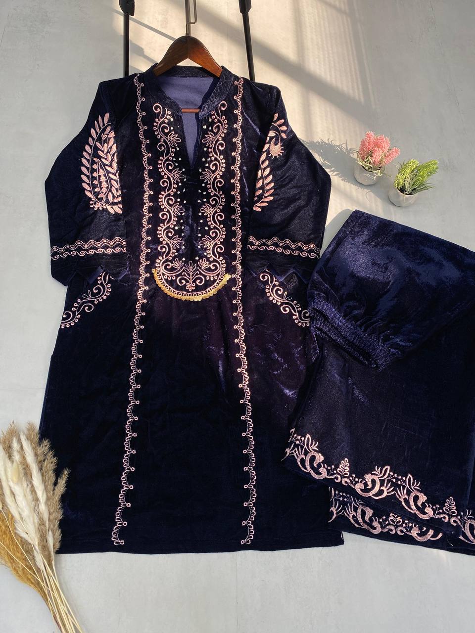 Festival Wear Velvet Blue Kurta Set