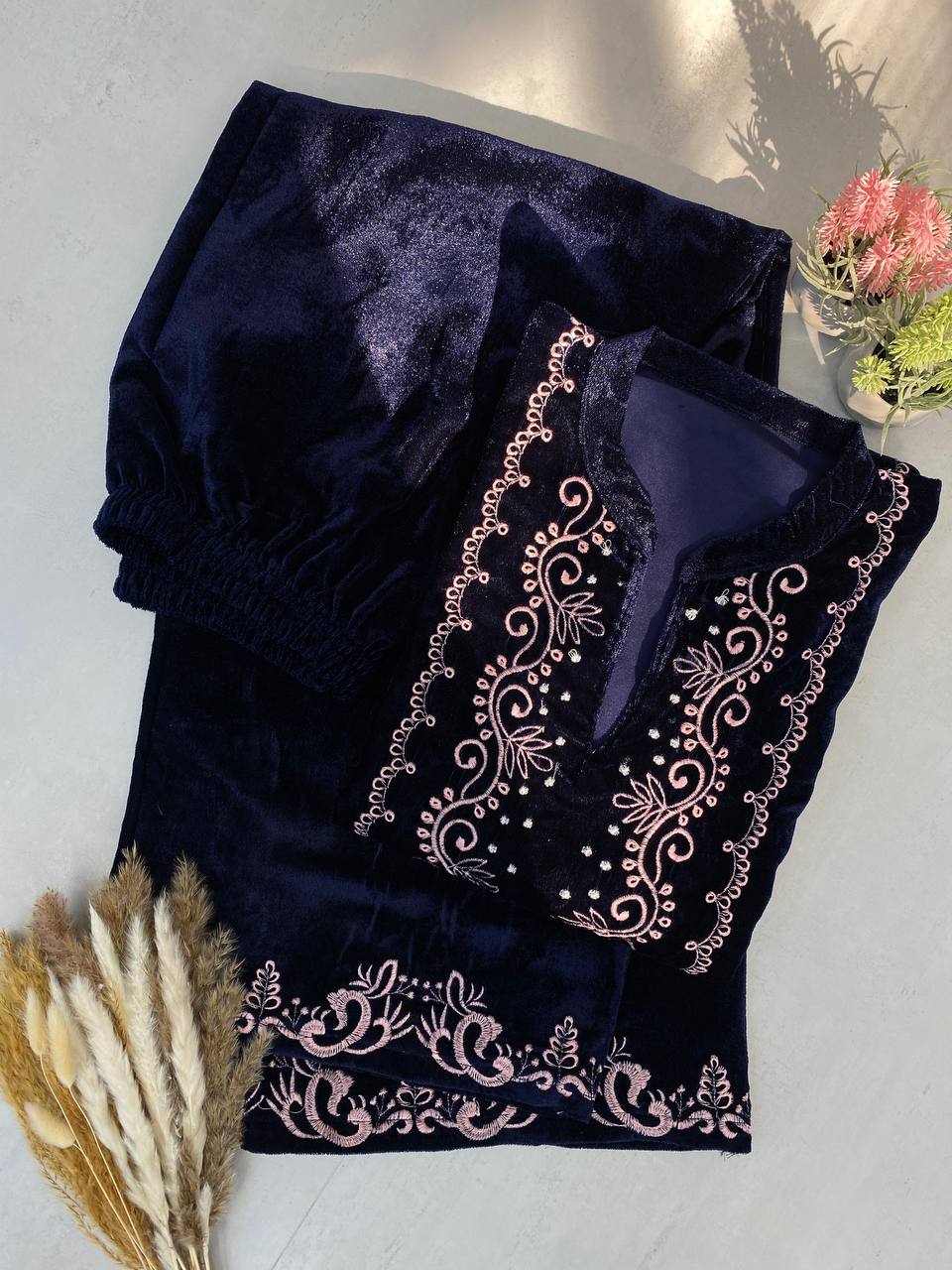 Festival Wear Velvet Blue Kurta Set