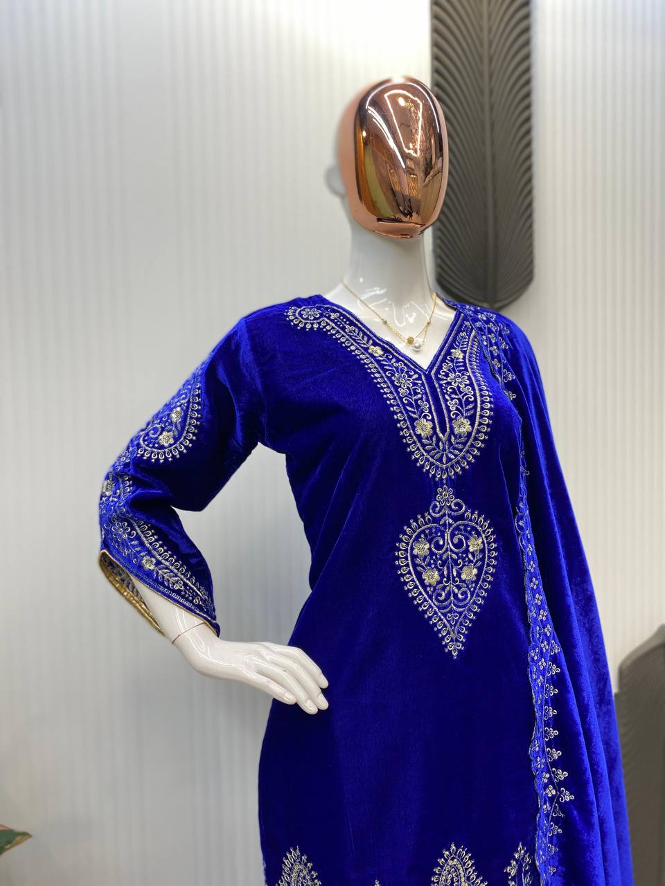 Festival Wear Velvet Blue Kurta Set
