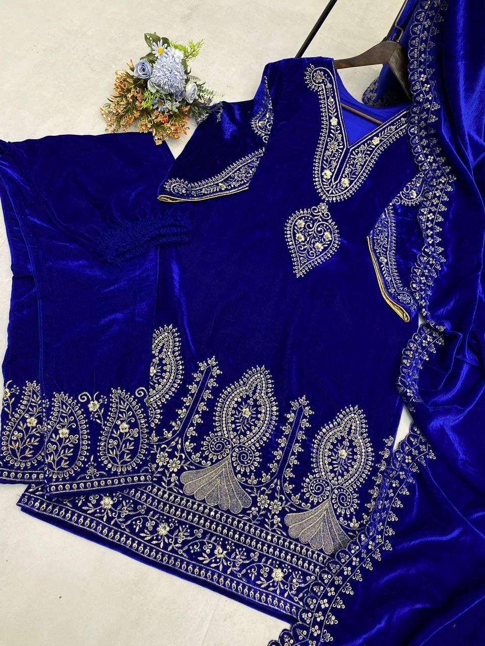 Festival Wear Velvet Blue Kurta Set