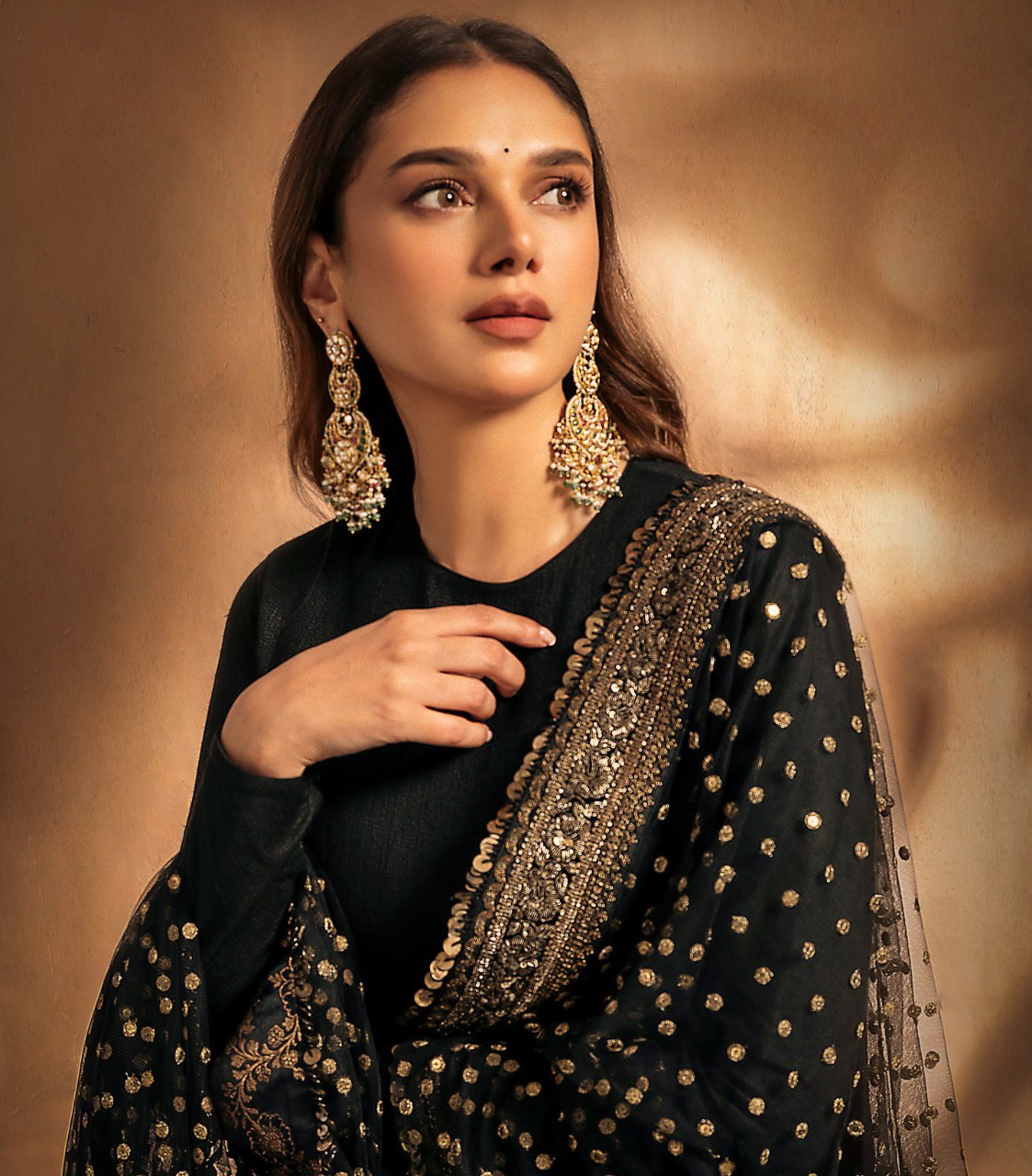 Woman wearing a black and gold traditional outfit with jewelry against a warm brown background