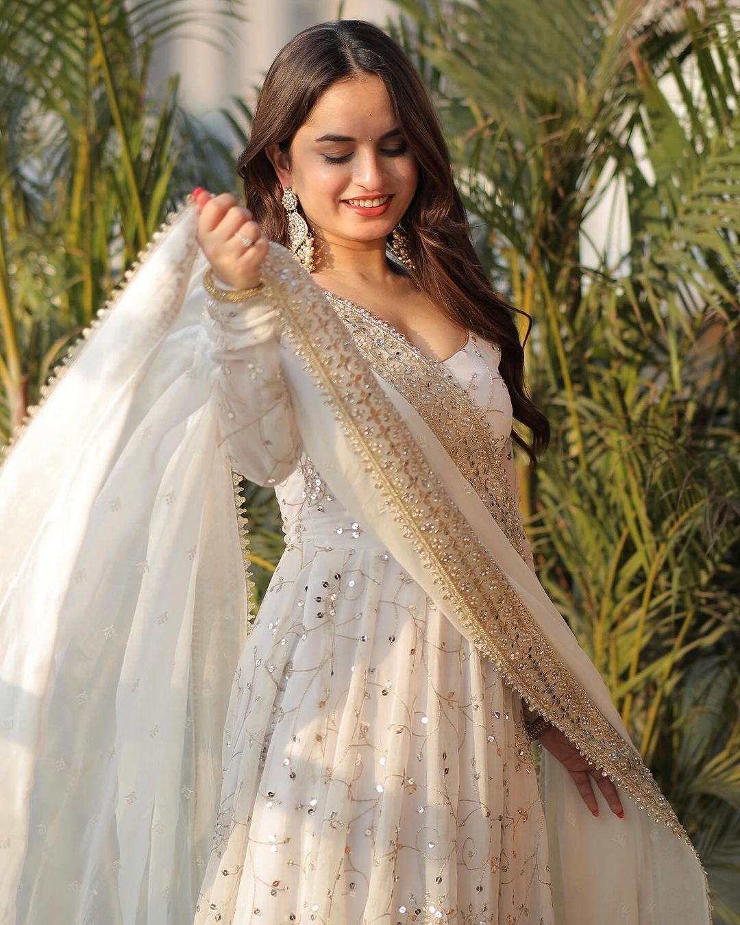 Full Heavy Work White Color Georgette Anarkali Gown by My Store