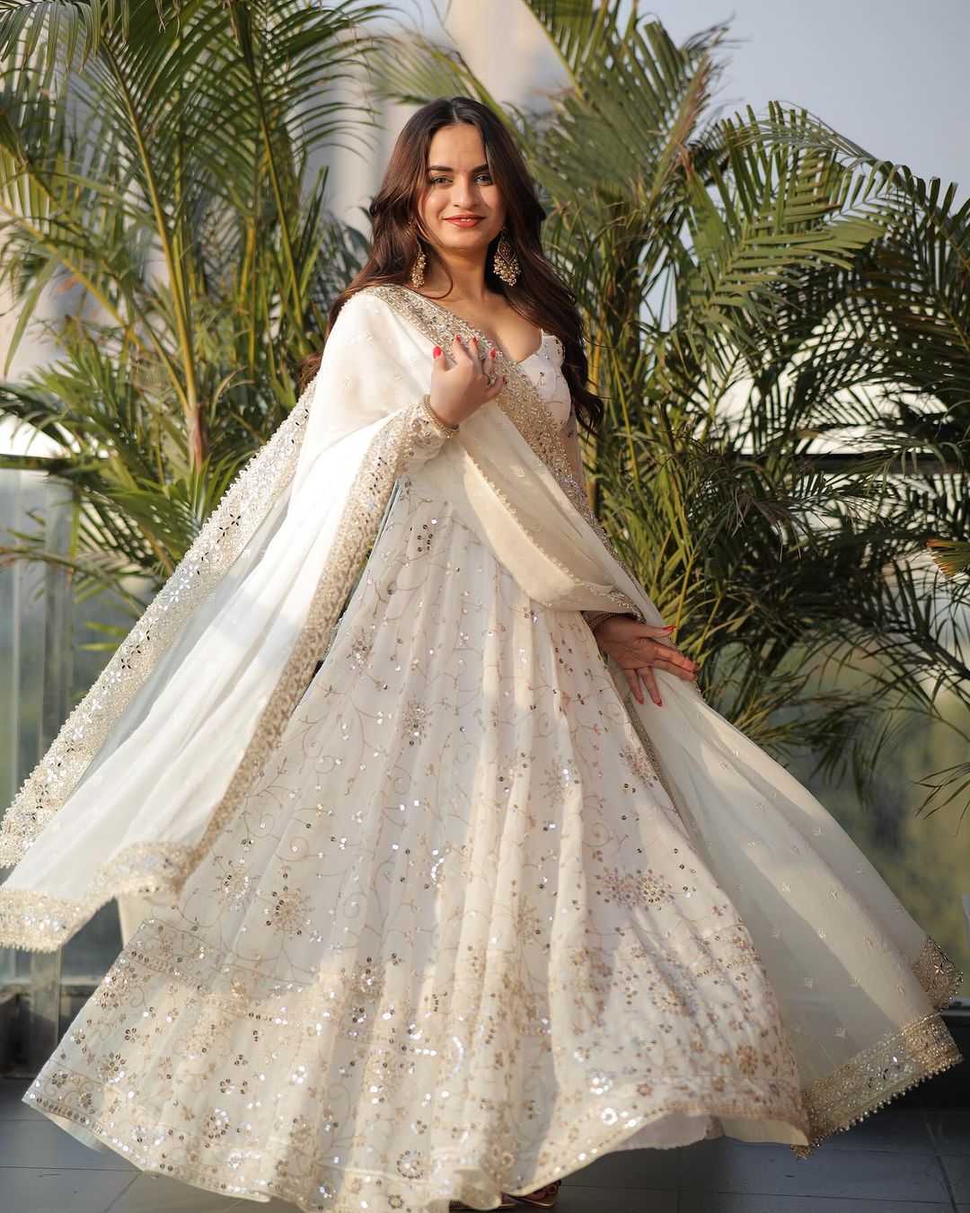 Full Heavy Work White Color Georgette Anarkali Gown by My Store