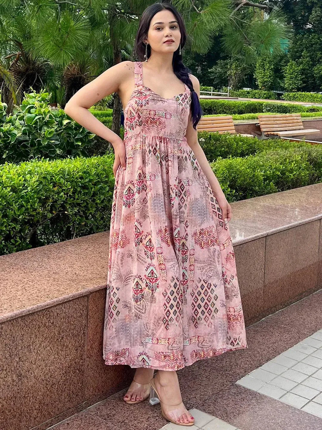Pink Printed Georgette Fit and Flare Dress by My Store