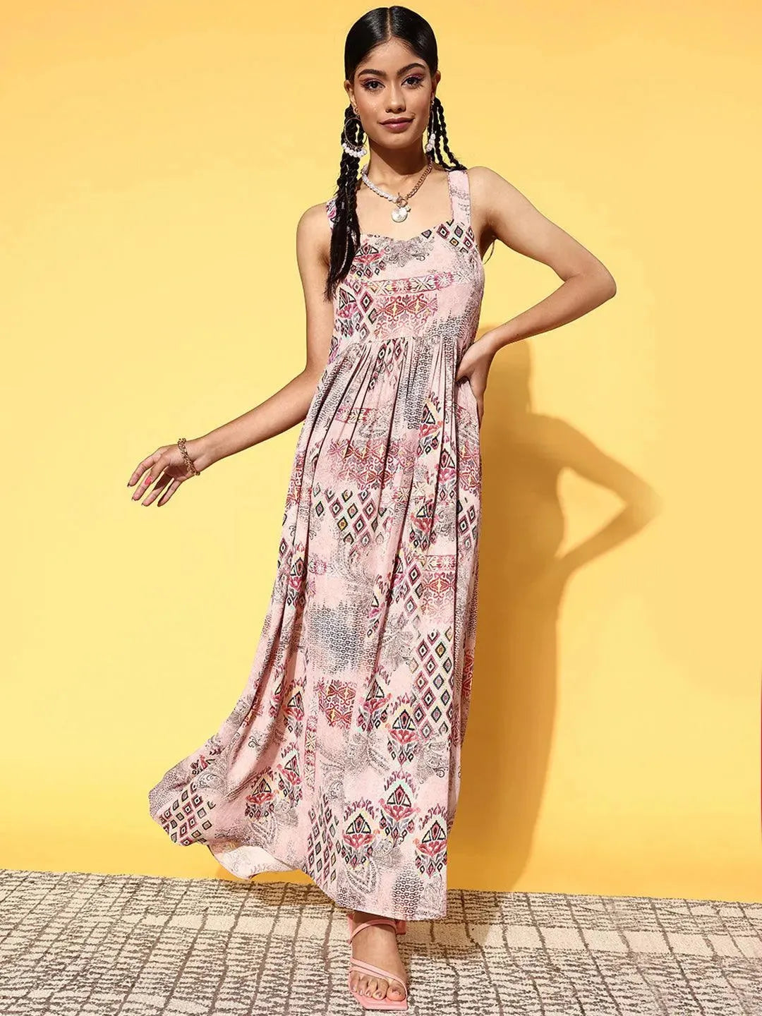 Pink Printed Georgette Fit and Flare Dress by My Store