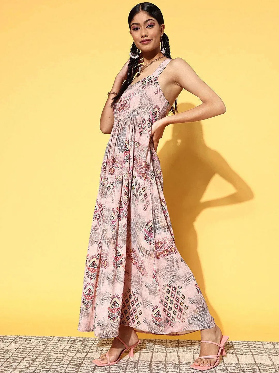 Pink Printed Georgette Fit and Flare Dress by My Store
