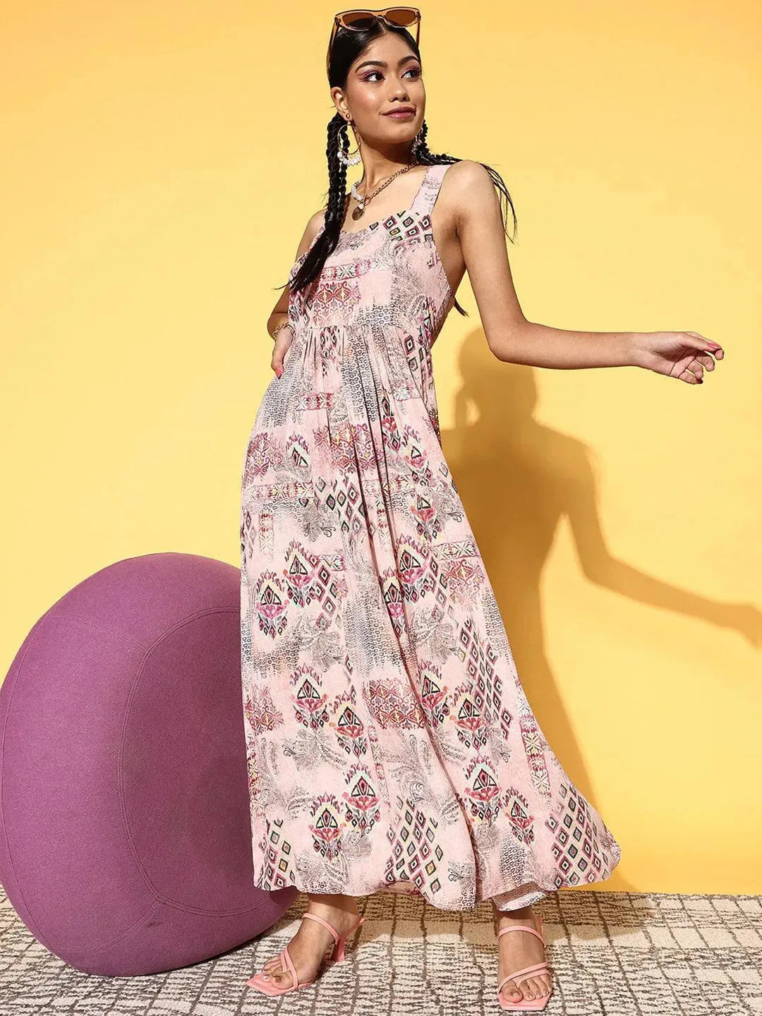 Pink Printed Georgette Fit and Flare Dress by My Store