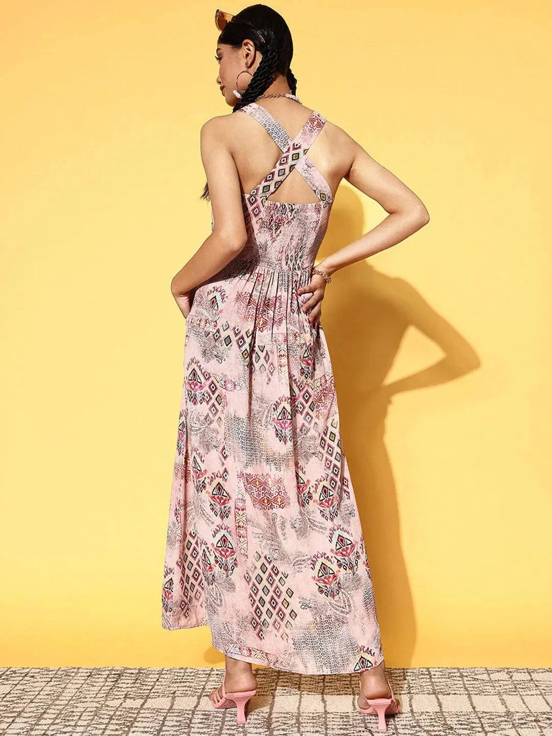 Pink Printed Georgette Fit and Flare Dress by My Store