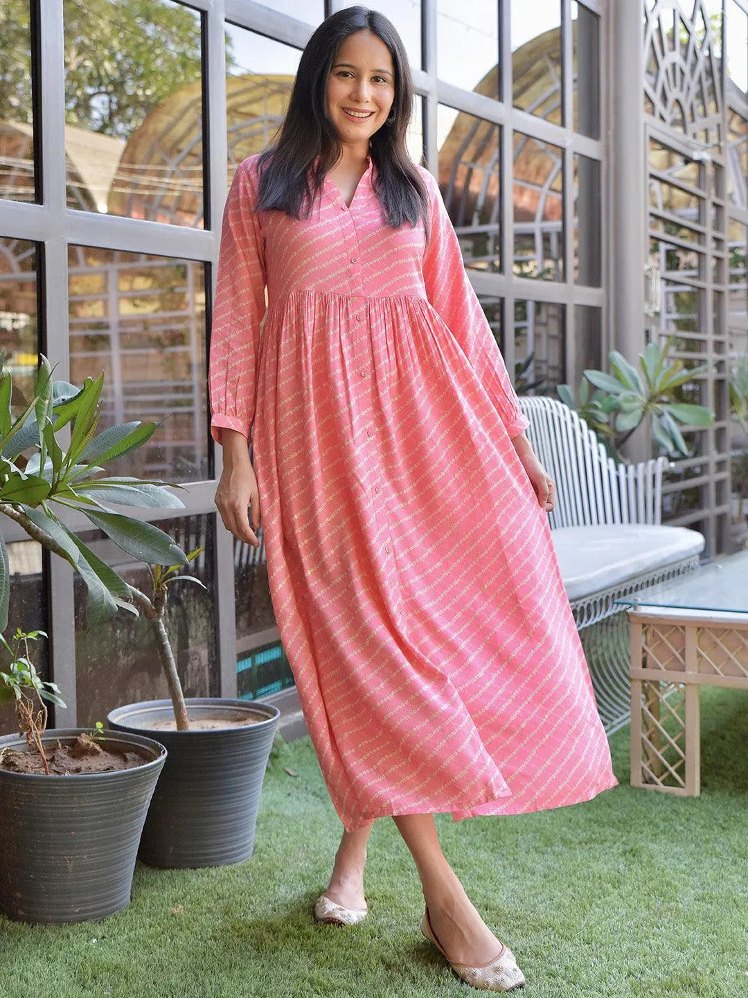 Pink Printed Rayon Fit and Flare Dress by My Store