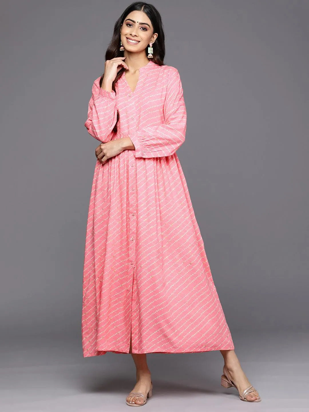 Pink Printed Rayon Fit and Flare Dress by My Store