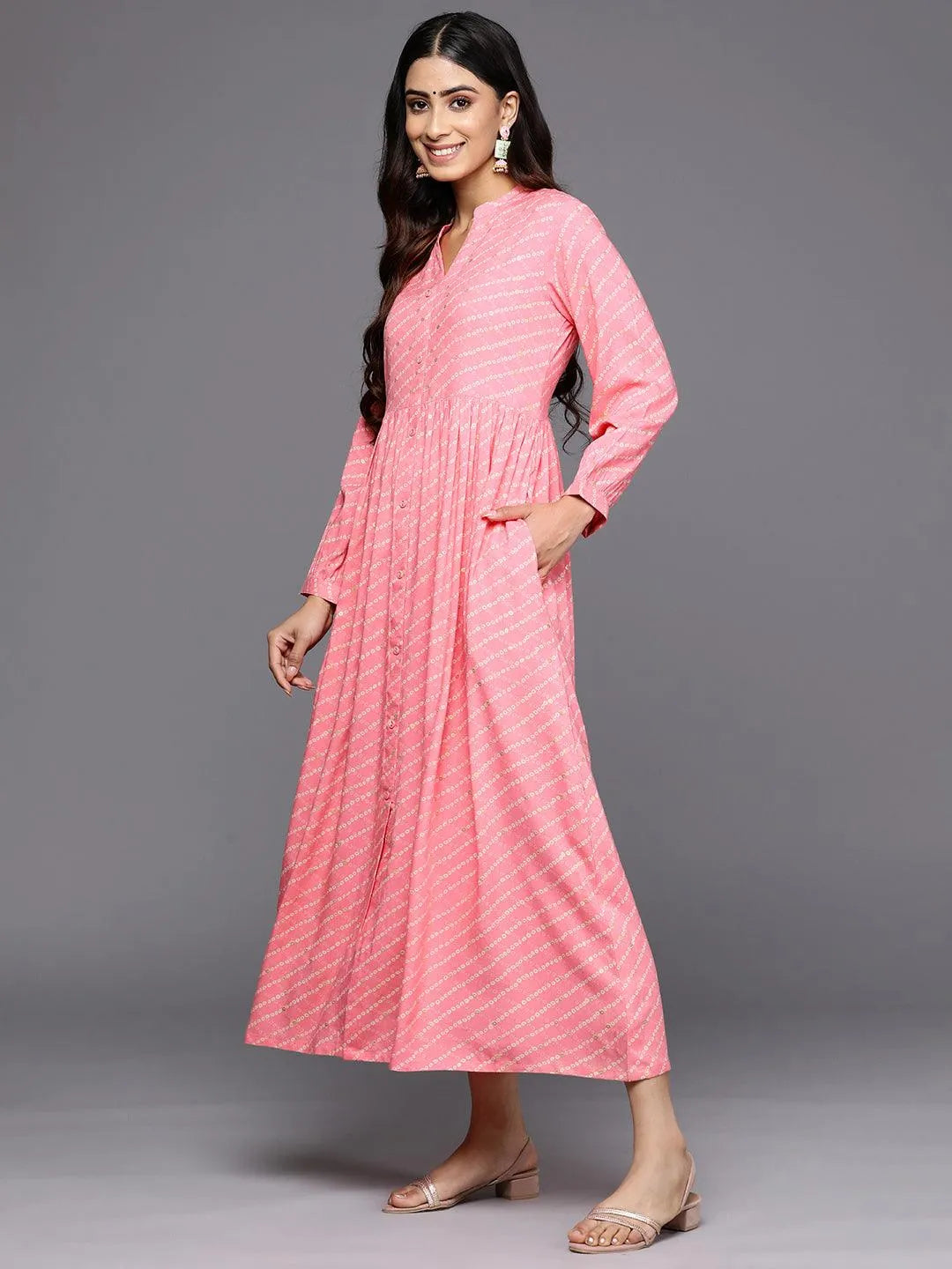 Pink Printed Rayon Fit and Flare Dress by My Store