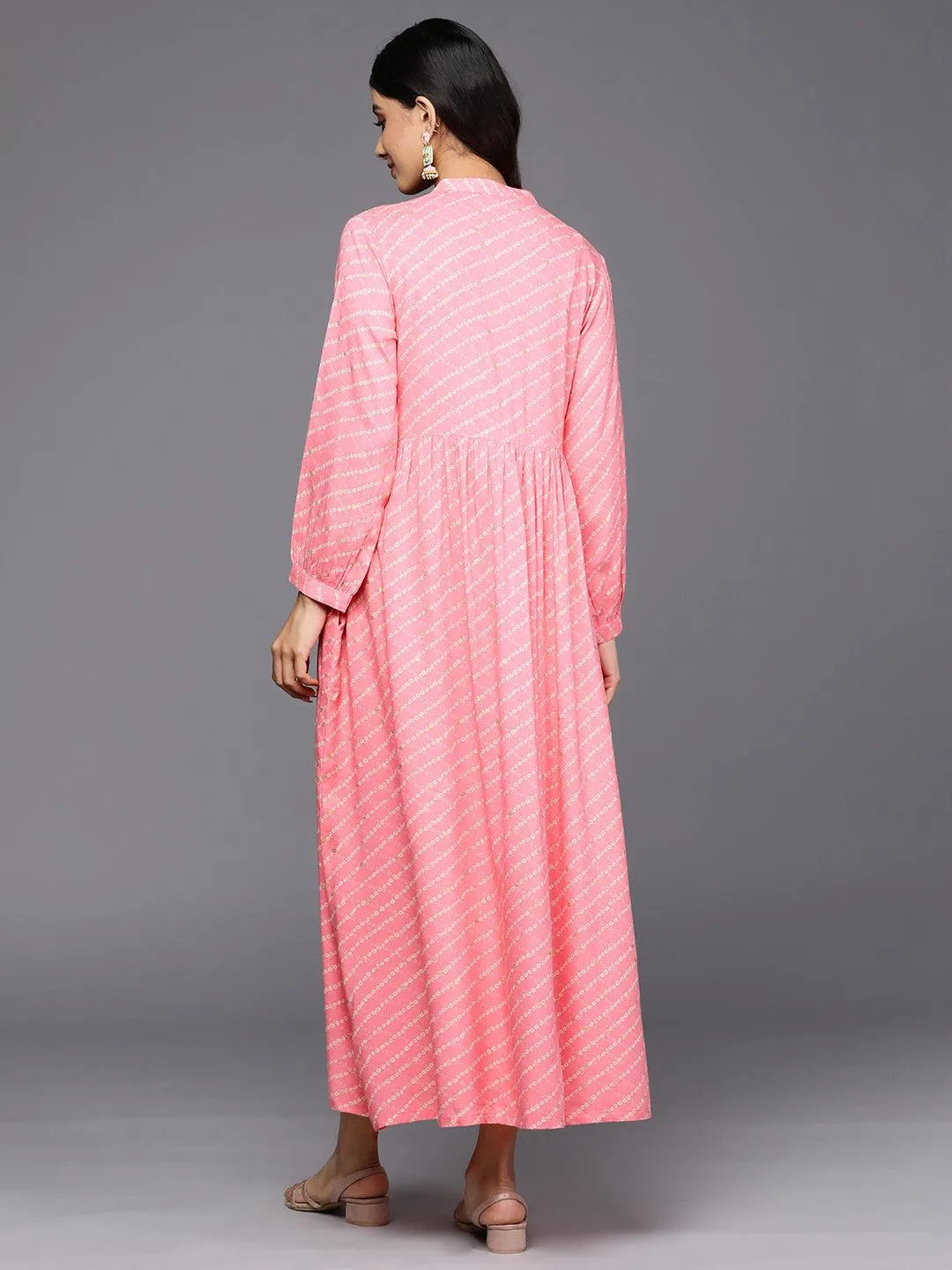 Pink Printed Rayon Fit and Flare Dress by My Store