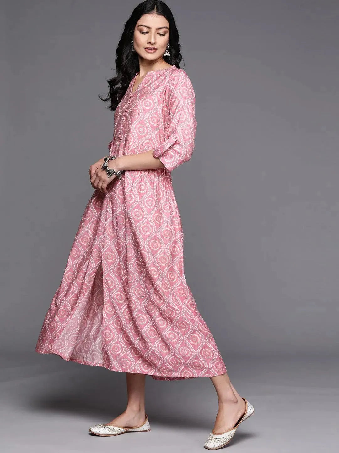 Pink Printed Silk Fit and Flare Dress by My Store