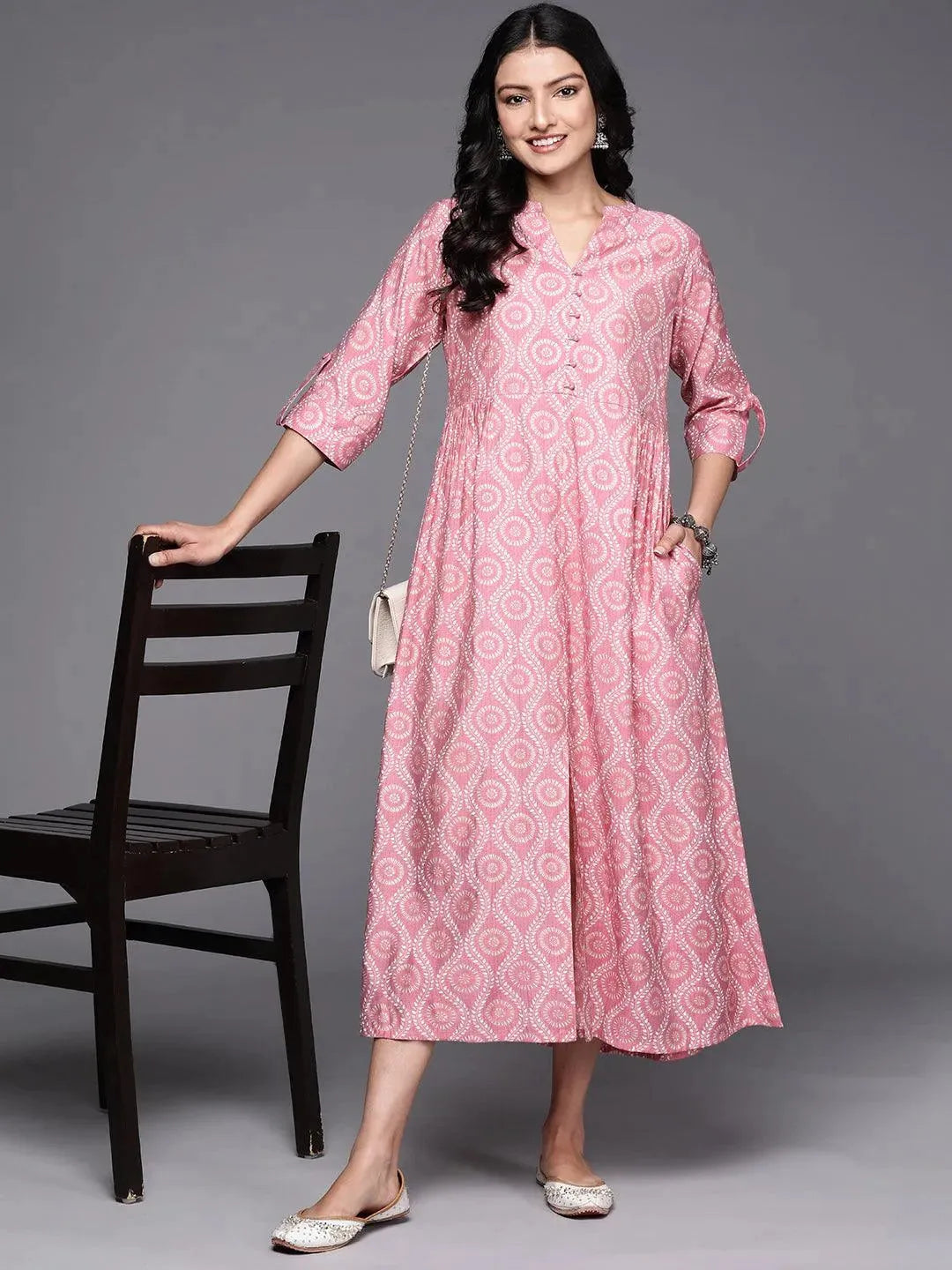Pink Printed Silk Fit and Flare Dress by My Store