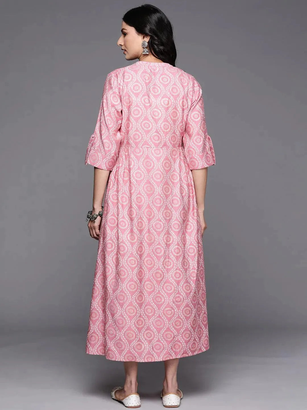 Pink Printed Silk Fit and Flare Dress by My Store