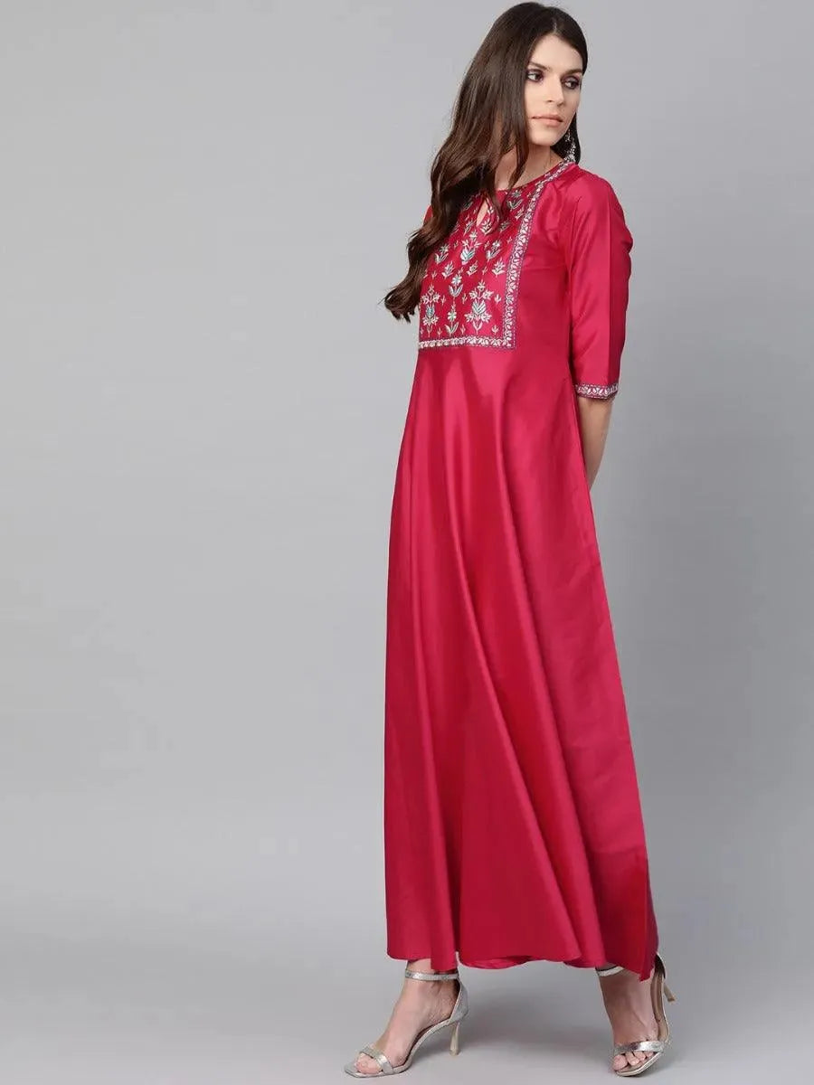 Pink Yoke Design Chanderi Dress With Dupatta by My Store