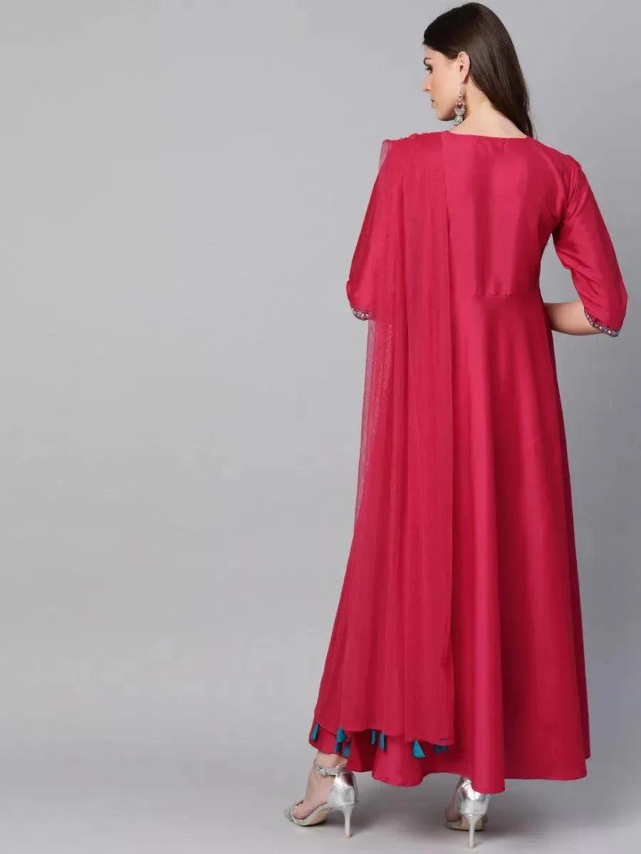 Pink Yoke Design Chanderi Dress With Dupatta by My Store