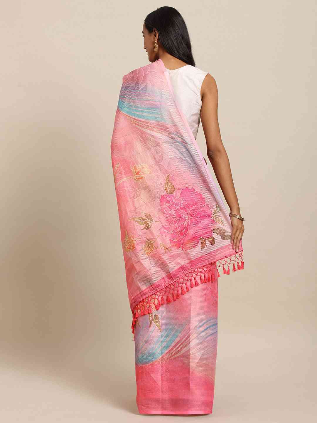 Maheshwari Floral Pink Colour Printed Saree With Zari Border