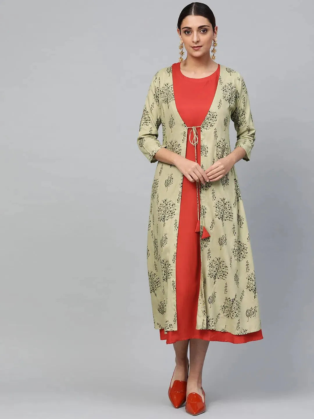 Red Solid Rayon Dress With Shrug by My Store