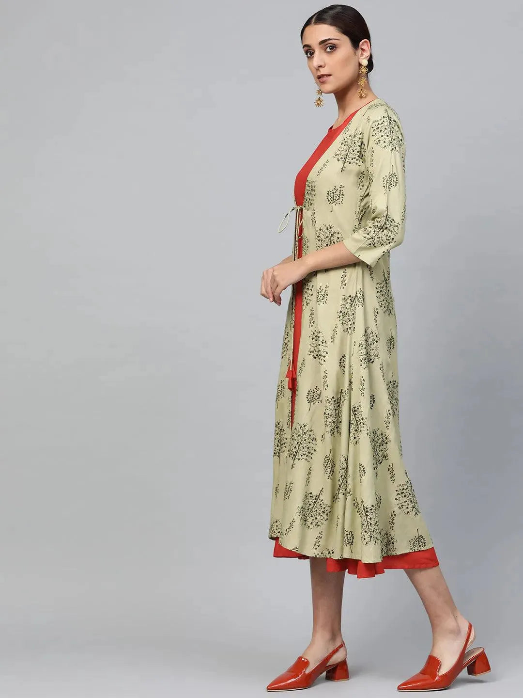 Red Solid Rayon Dress With Shrug by My Store