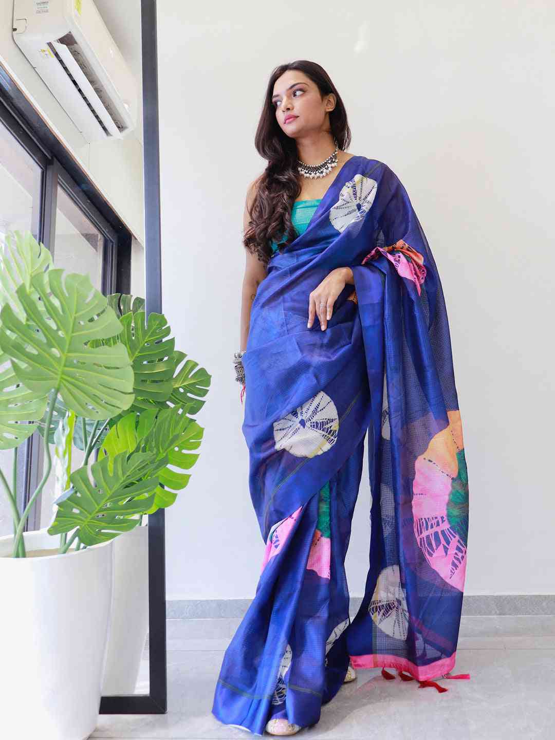 Tie dye Digital printed Satin Kota Doriya Saree in Blue Colour
