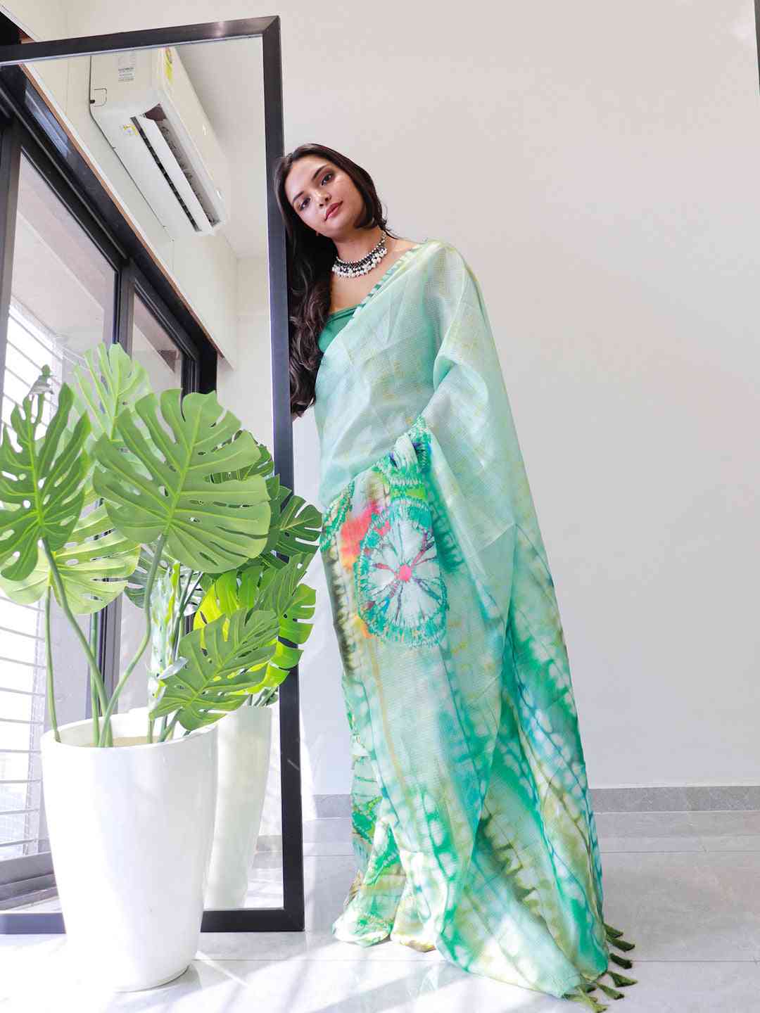 Tie dye Digital printed Satin Kota Doriya Designer Saree in Sea Green Colour