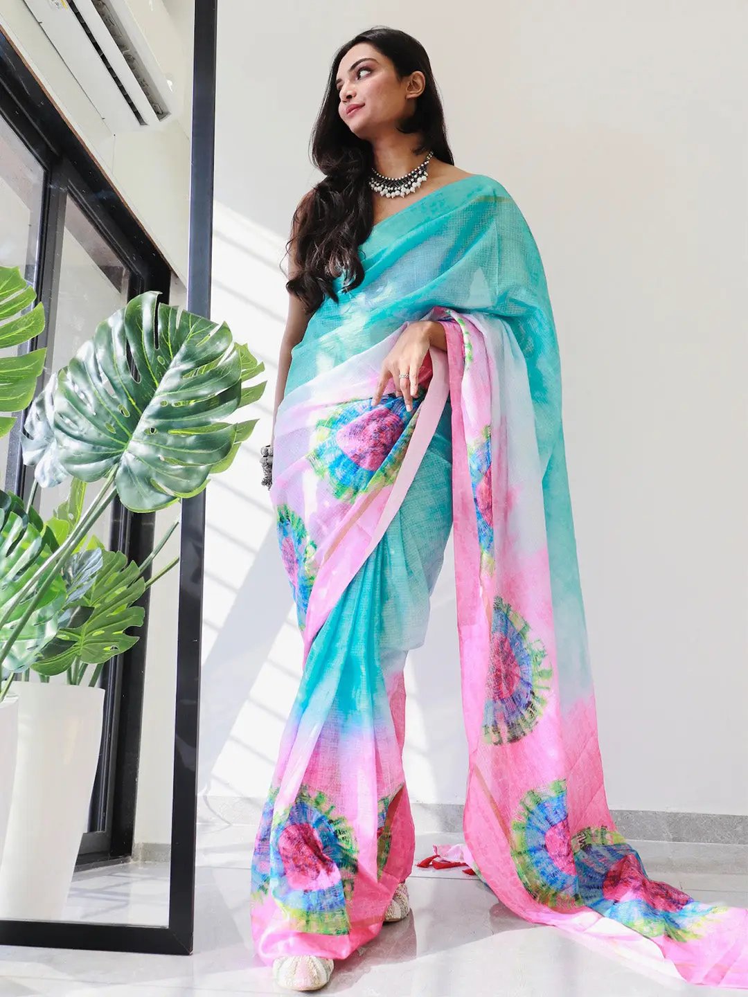 Tie dye Digital printed Satin Kota Doriya Designer Party Wear Saree in Pink Colour
