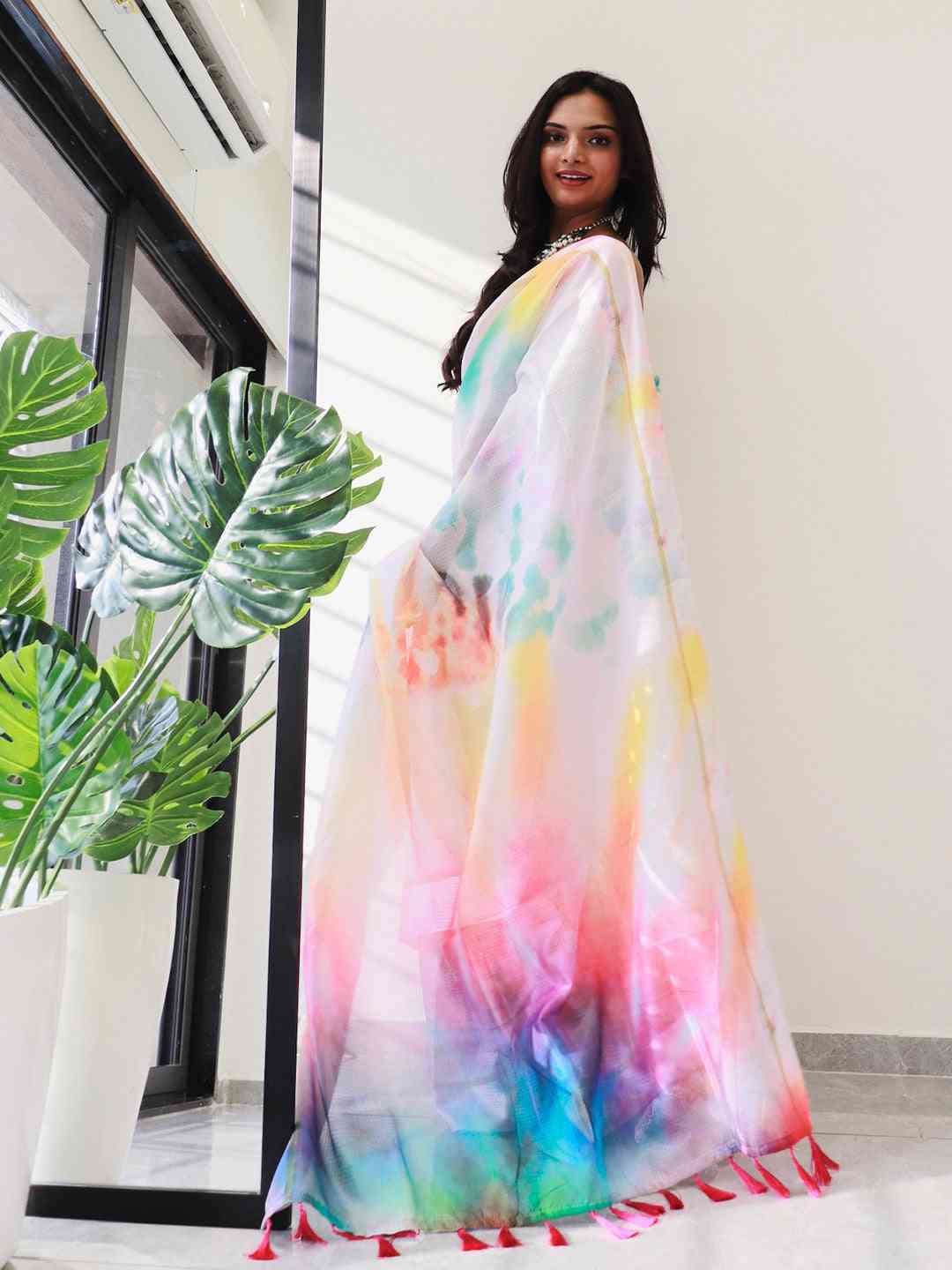 Tie dye Digital printed Satin Kota Doria Designer Party Wear Saree