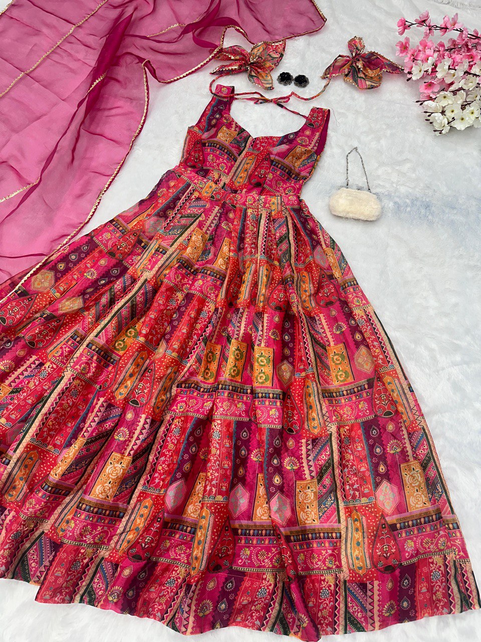 Vanya Pink Multicolor Jimmy Organza Silk Gown Set by My Store
