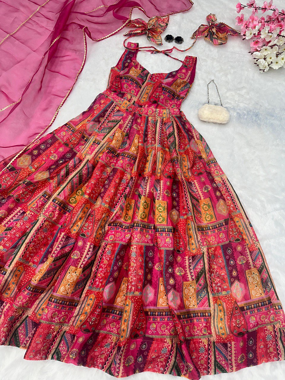 Vanya Pink Multicolor Jimmy Organza Silk Gown Set by My Store