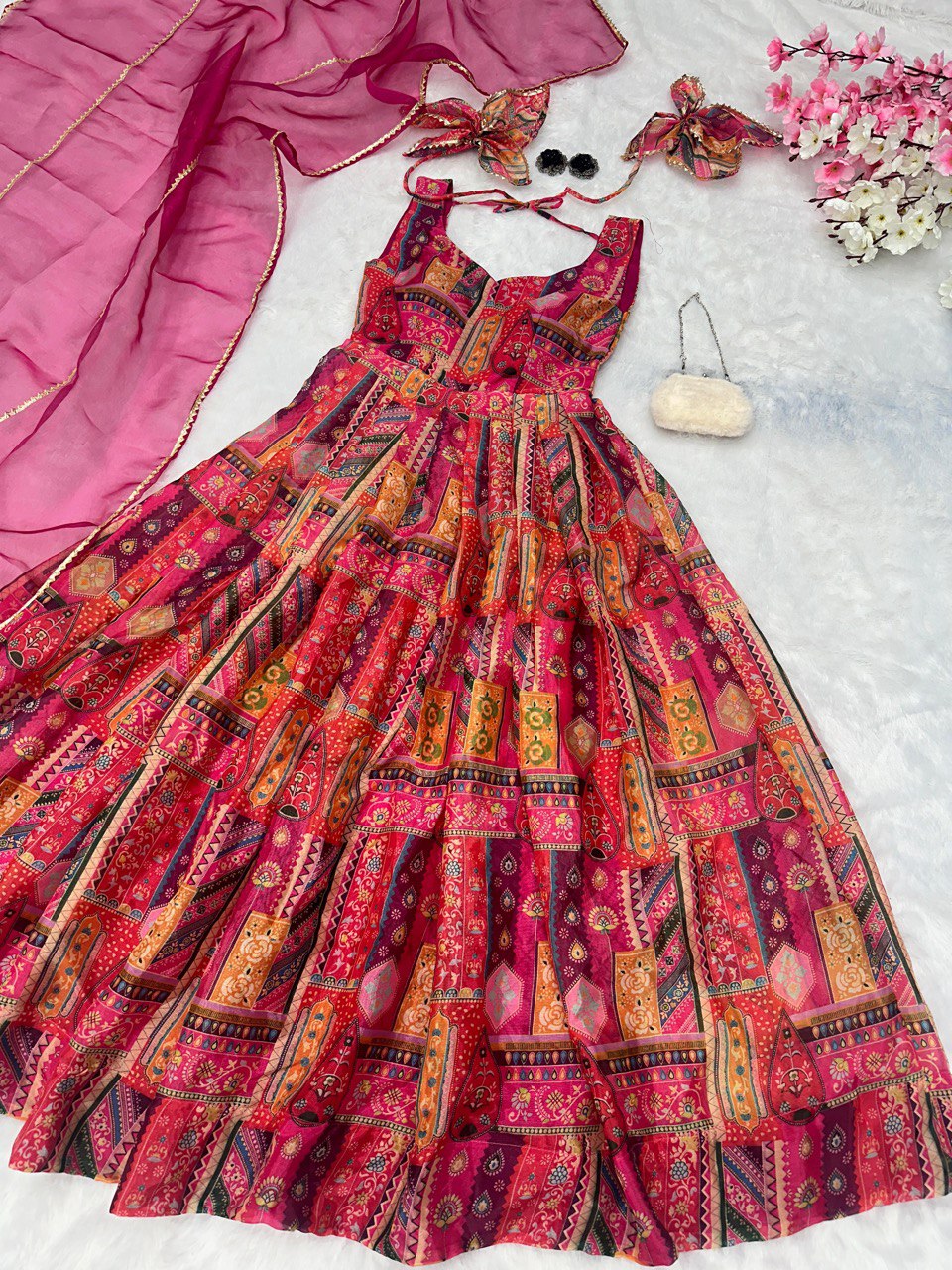 Vanya Pink Multicolor Jimmy Organza Silk Gown Set by My Store
