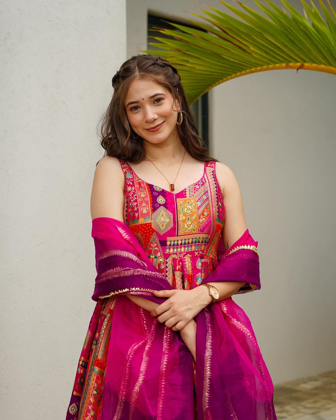 Vanya Pink Multicolor Jimmy Organza Silk Gown Set by My Store