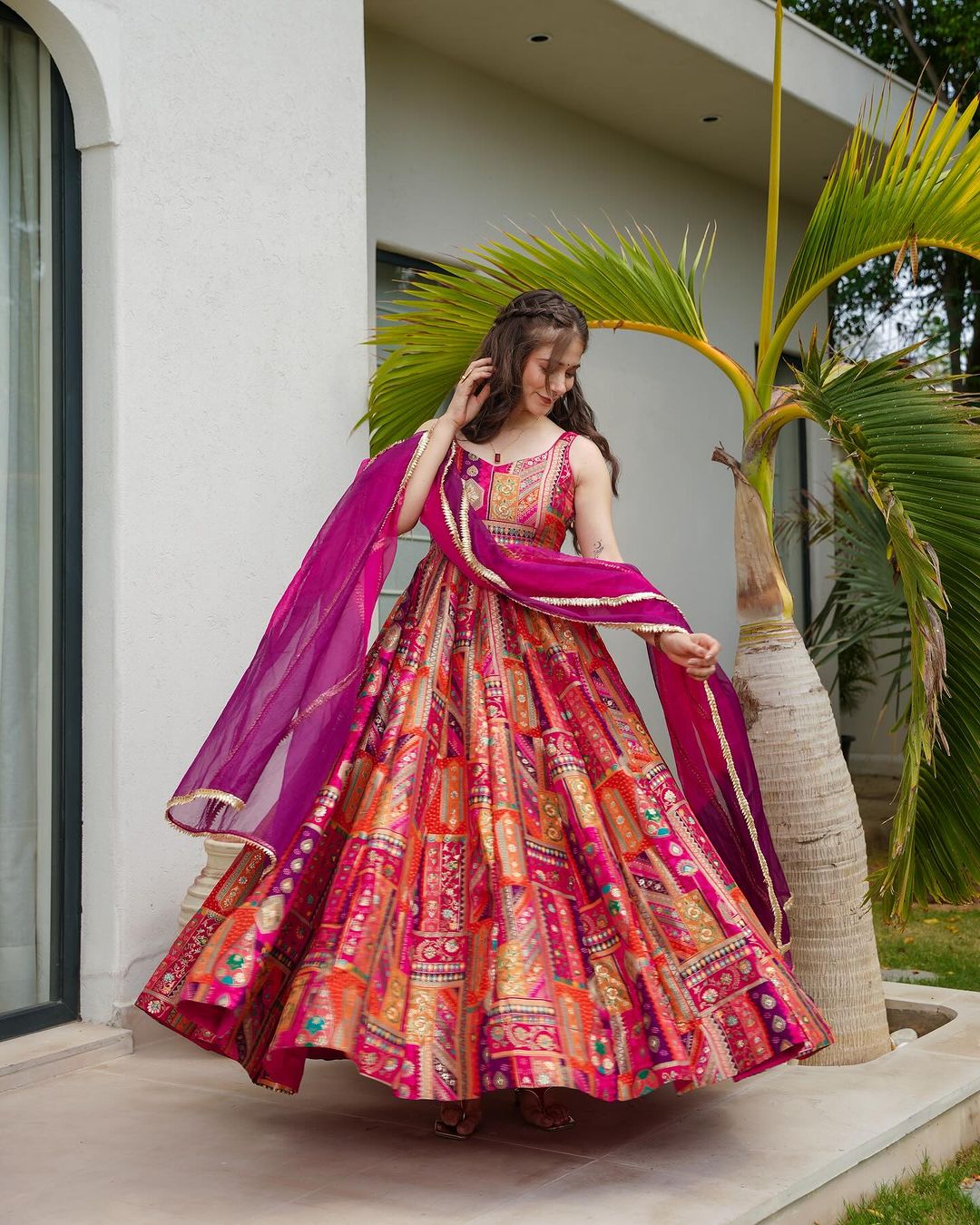 Vanya Pink Multicolor Jimmy Organza Silk Gown Set by My Store