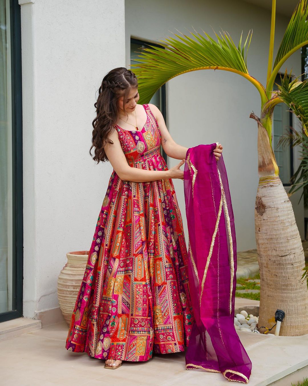 Vanya Pink Multicolor Jimmy Organza Silk Gown Set by My Store