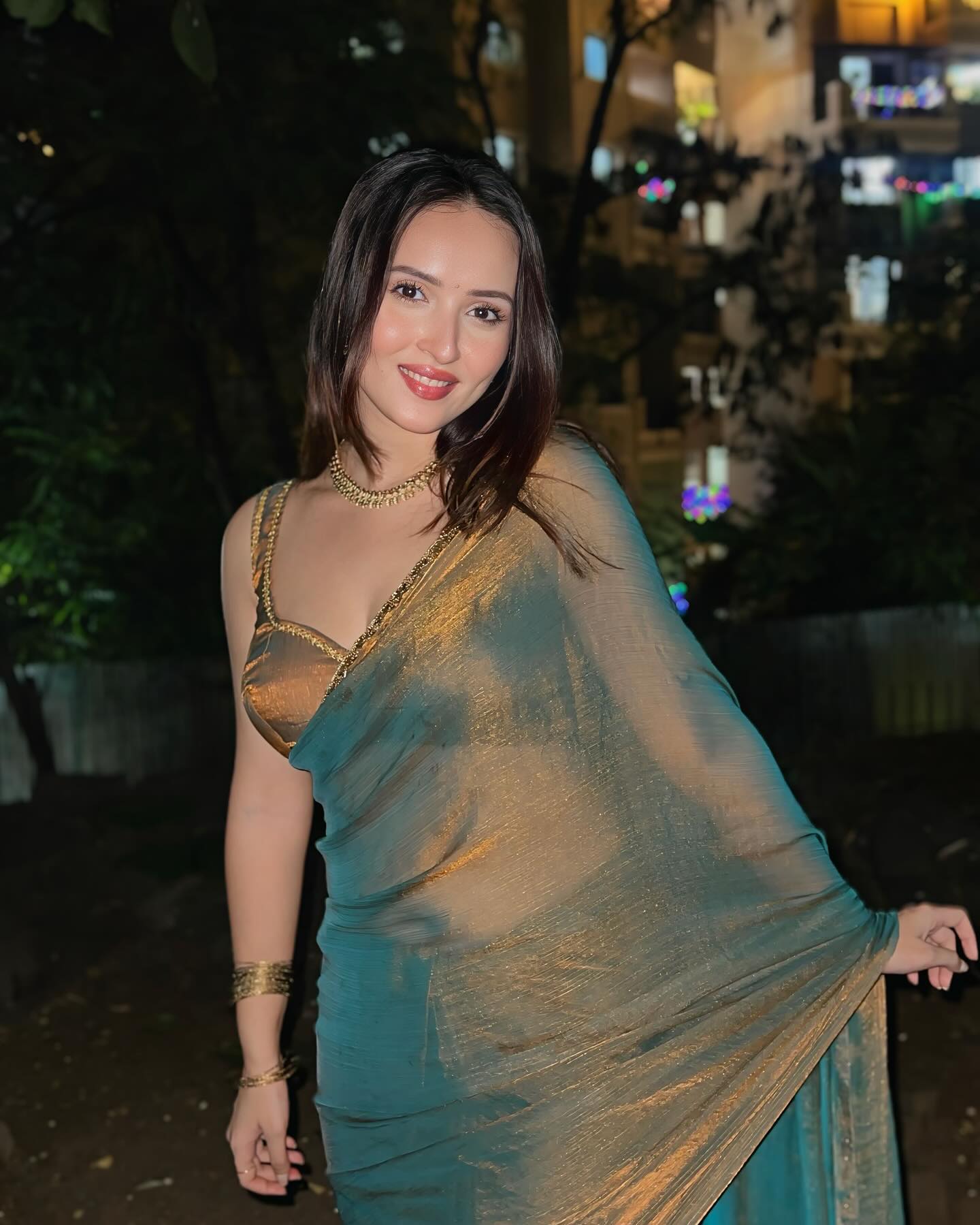 Elegant shimmer Tissue Teal Blue saree Lightweight & Stylish Drape by My Store