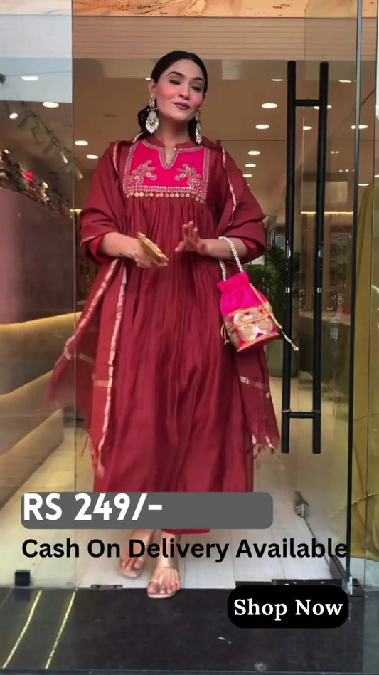 Maroon Flowy Anarkali Kurti with Embroidered Yoke - My Store