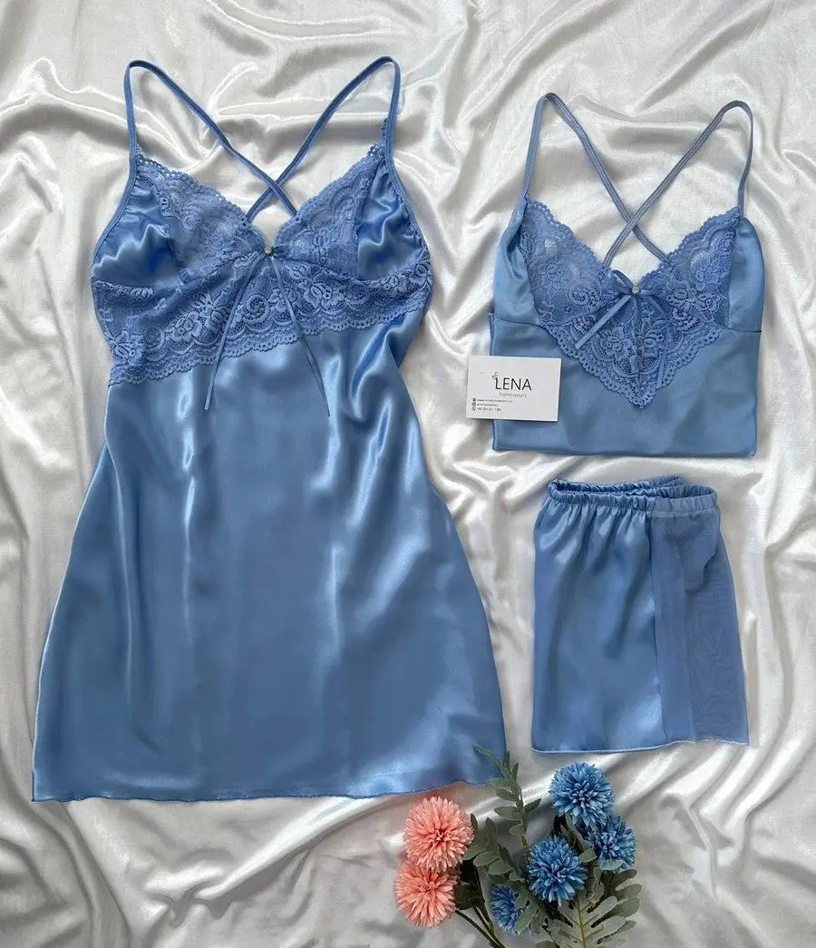 Women Pajamas Sets Silk Satin Solid Pyjama Set Sexy Pajama with Pad Lace Night Suits Sleepwear Home Clothes My Store