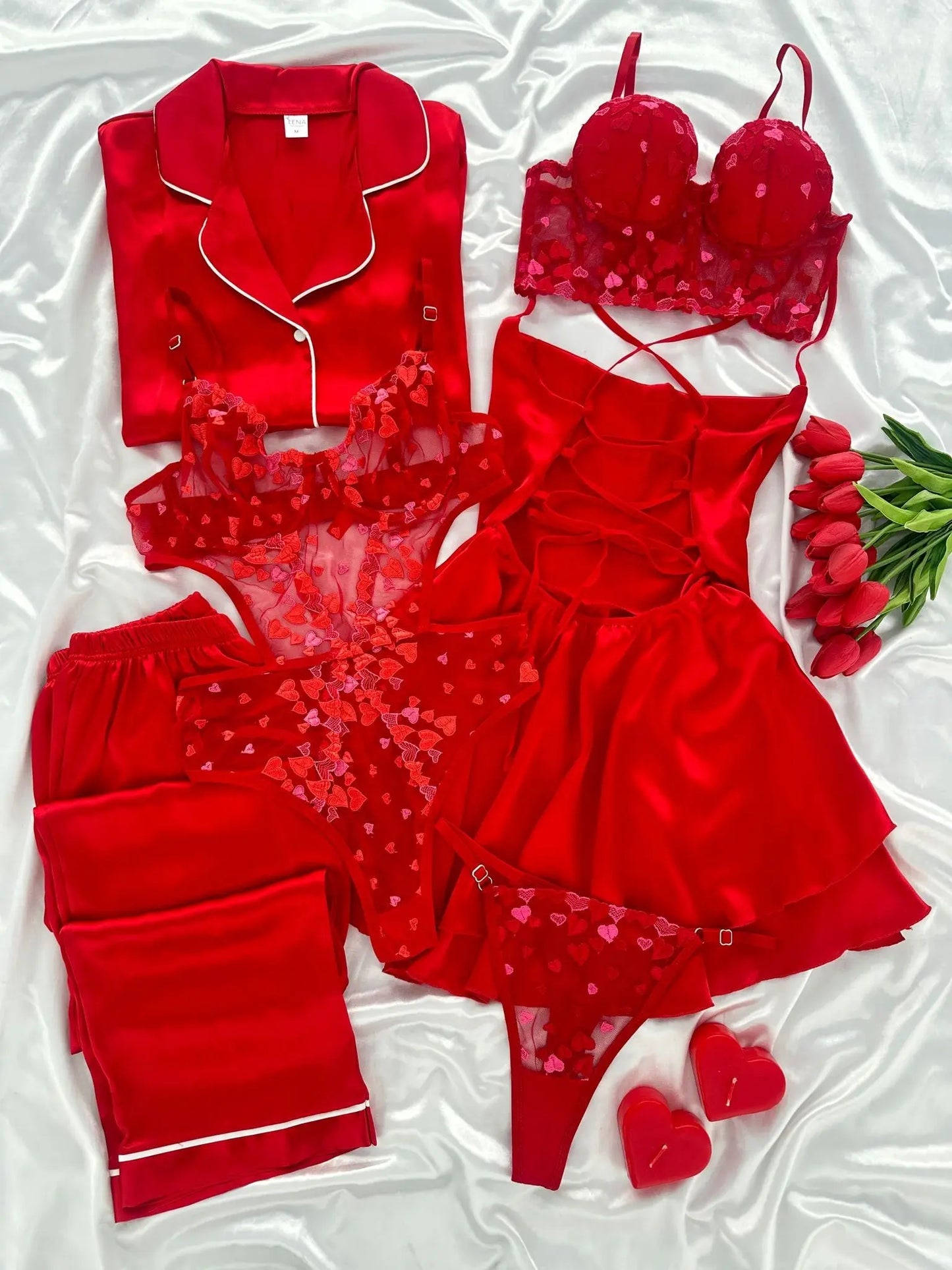 Women Pajamas Sets Silk Satin Solid Pyjama Set Sexy Pajama with Pad Lace Night Suits Sleepwear Home Clothes - My Store