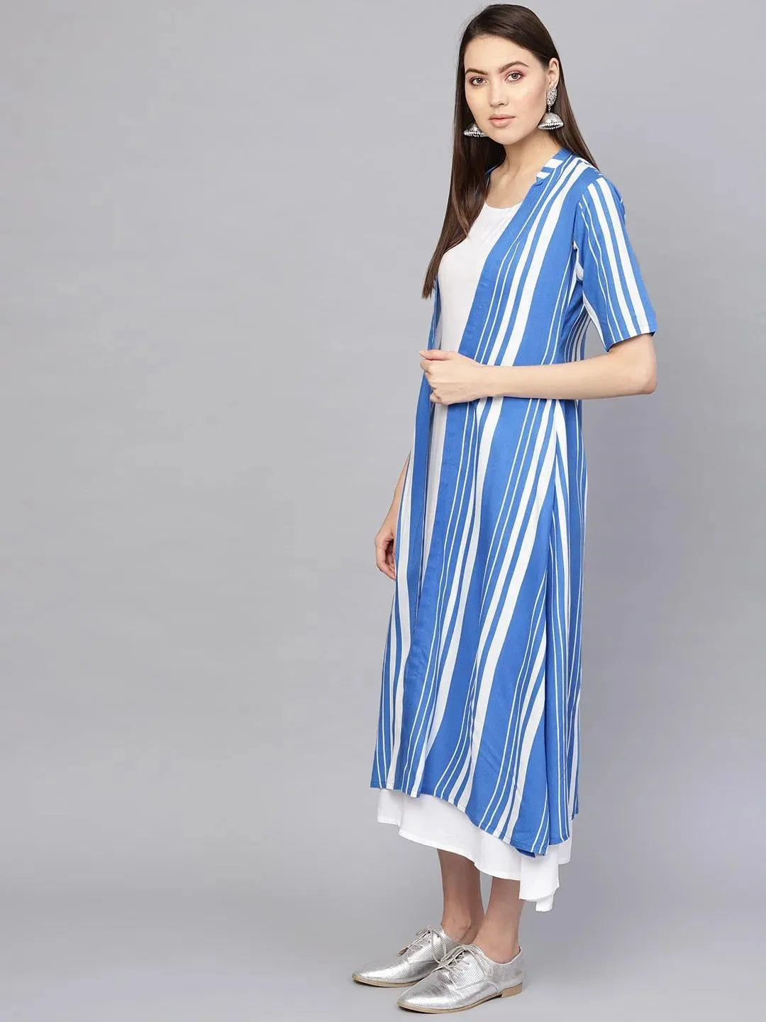 White Striped Cotton Dress With Jacket