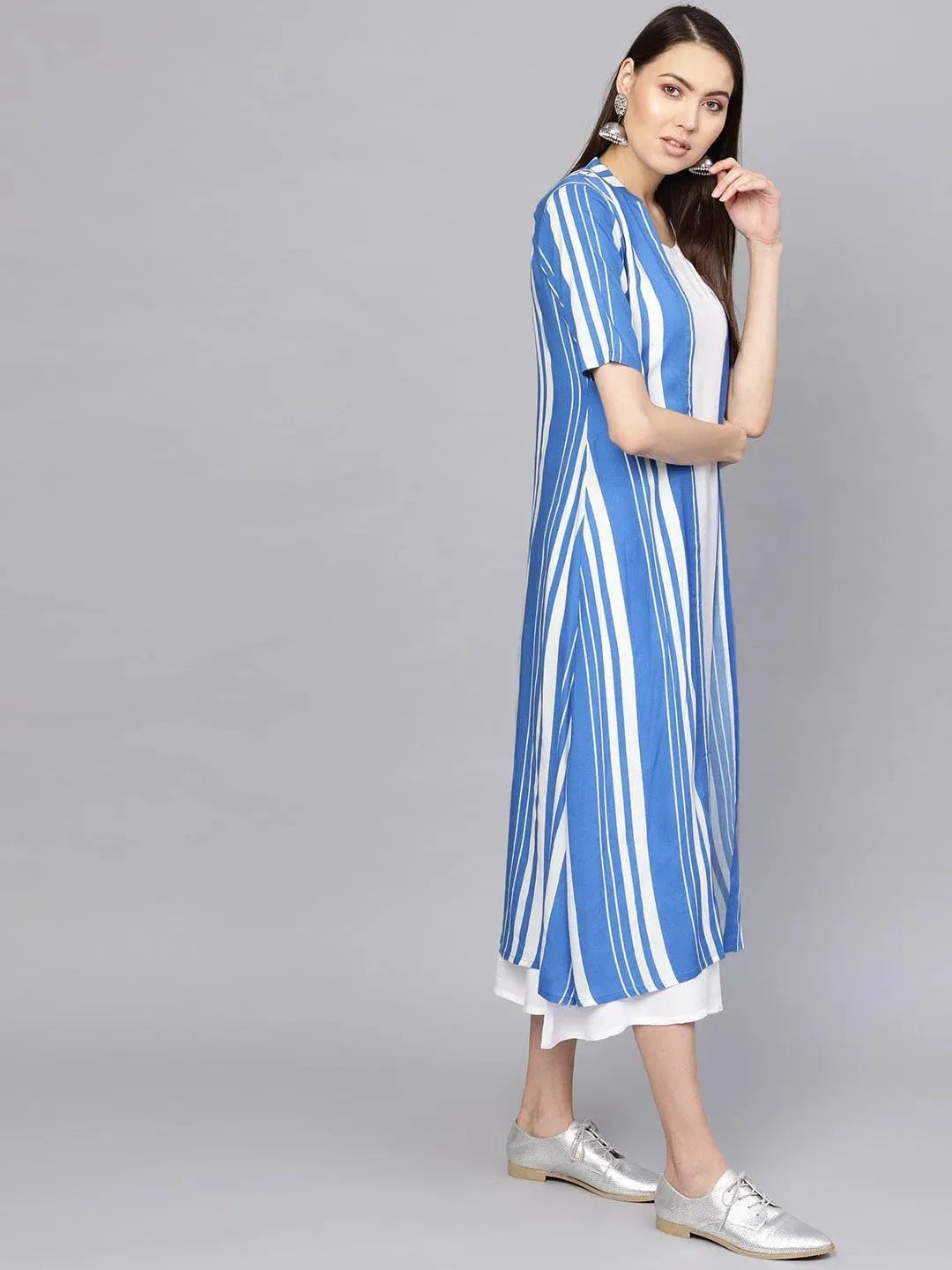White Striped Cotton Dress With Jacket