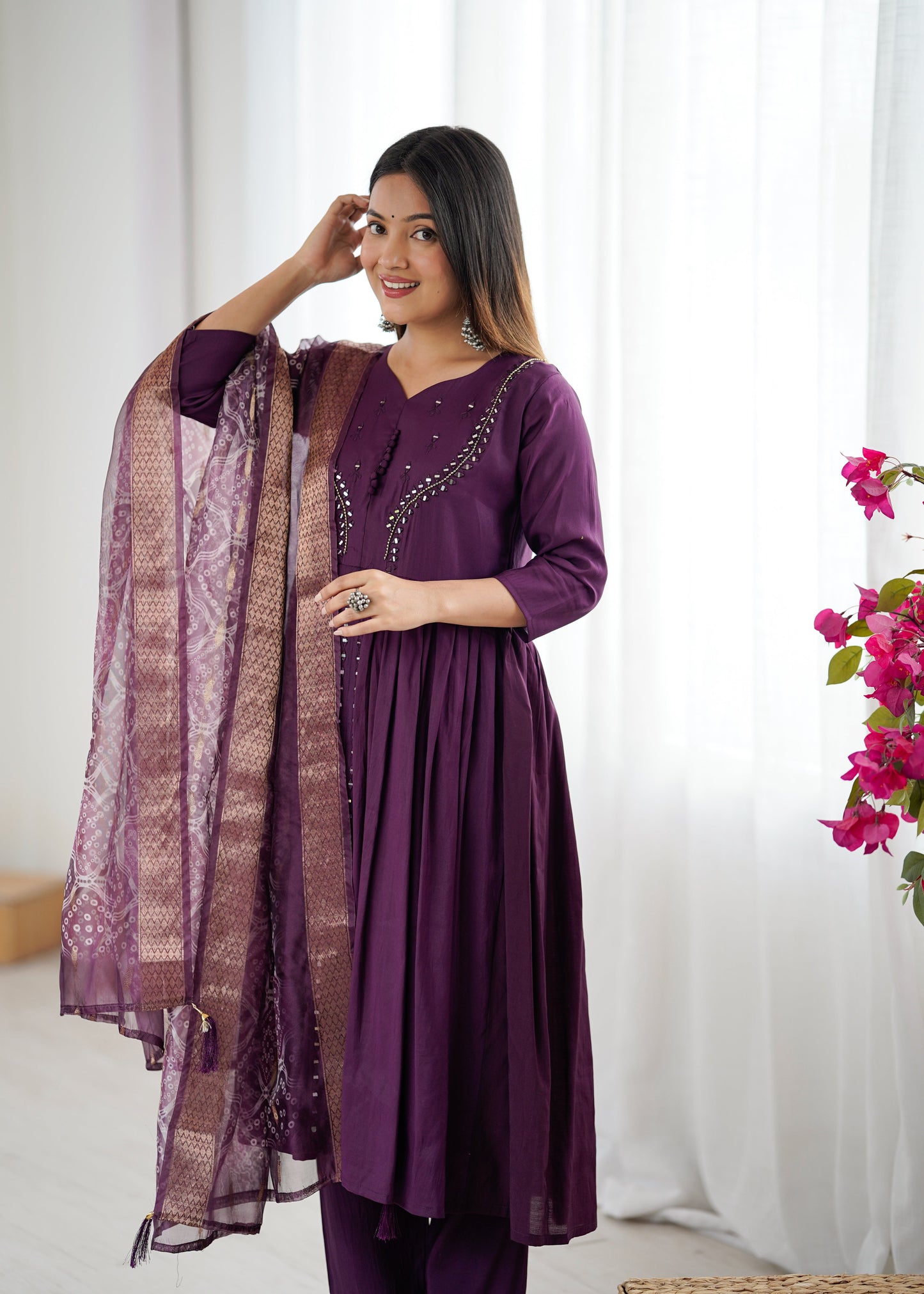Elegant Wine Kurta Set with Dupatta and Pants