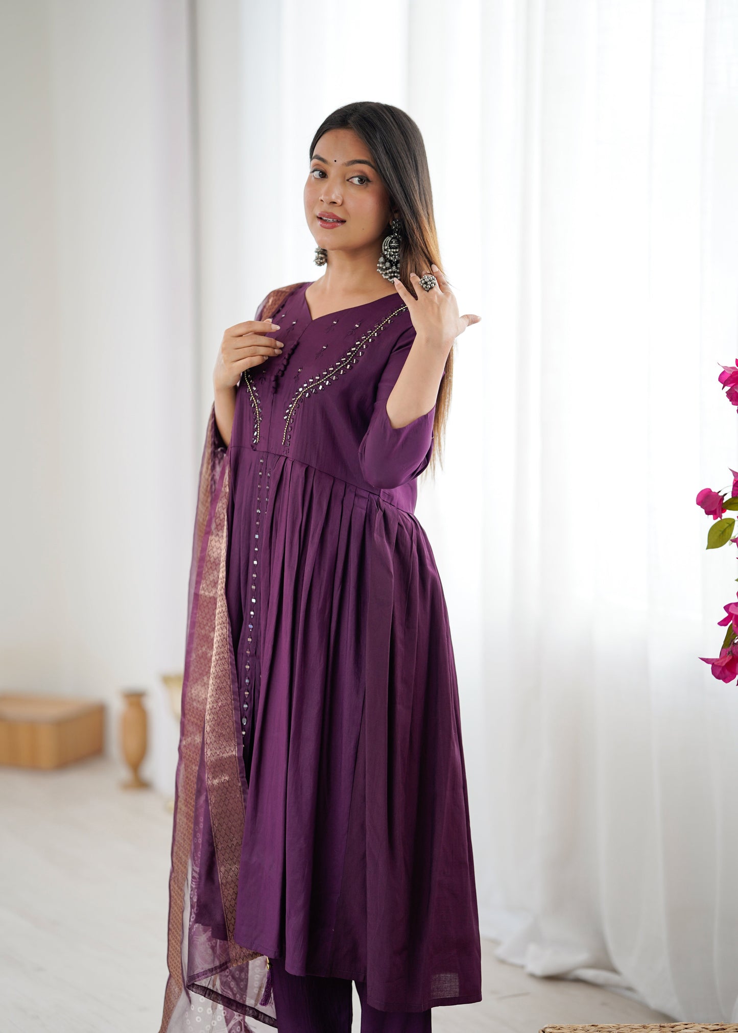 Elegant Wine Kurta Set with Dupatta and Pants