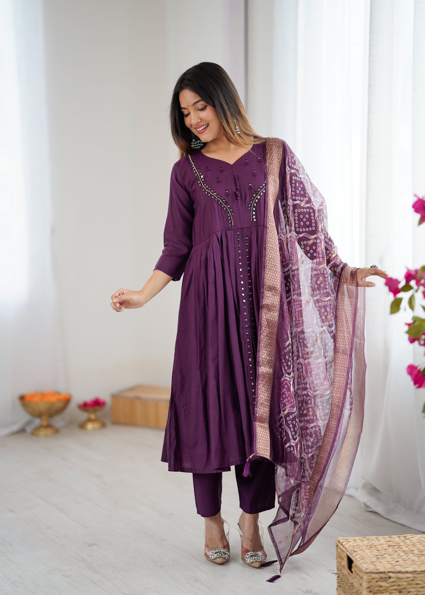 Elegant Wine Kurta Set with Dupatta and Pants